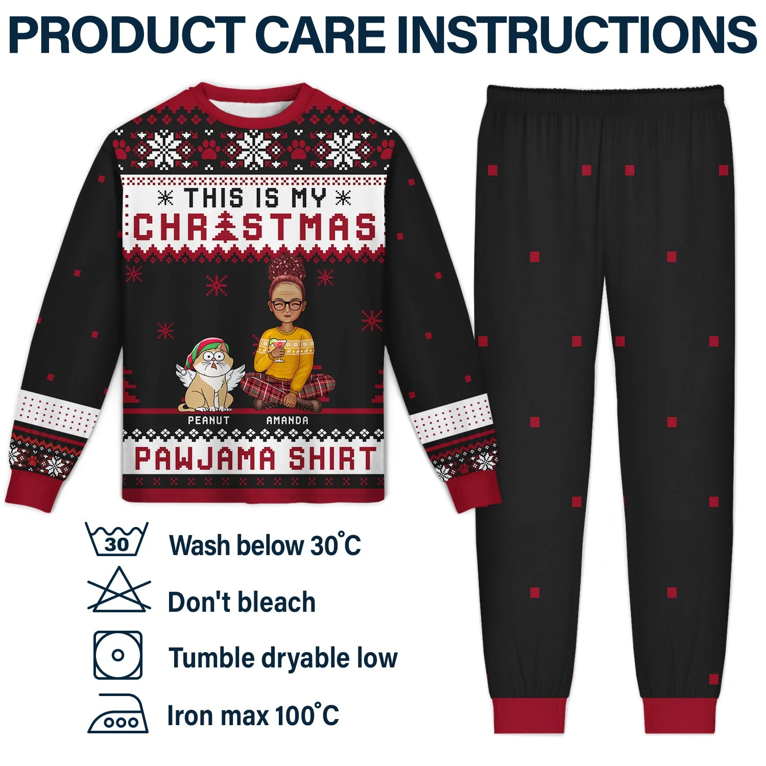 Cat Christmas Pawjama Shirt Cartoon Style - Gift For Cat Lovers, Cat Moms, Cat Dads - Personalized Unisex Pajamas Set - Image 5