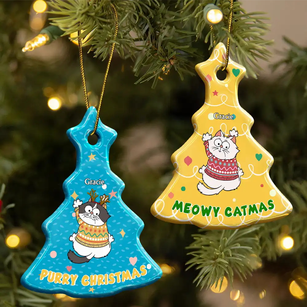 Cat Climbing Christmas Tree - Personalized Tree Ceramic Ornament - Image 2
