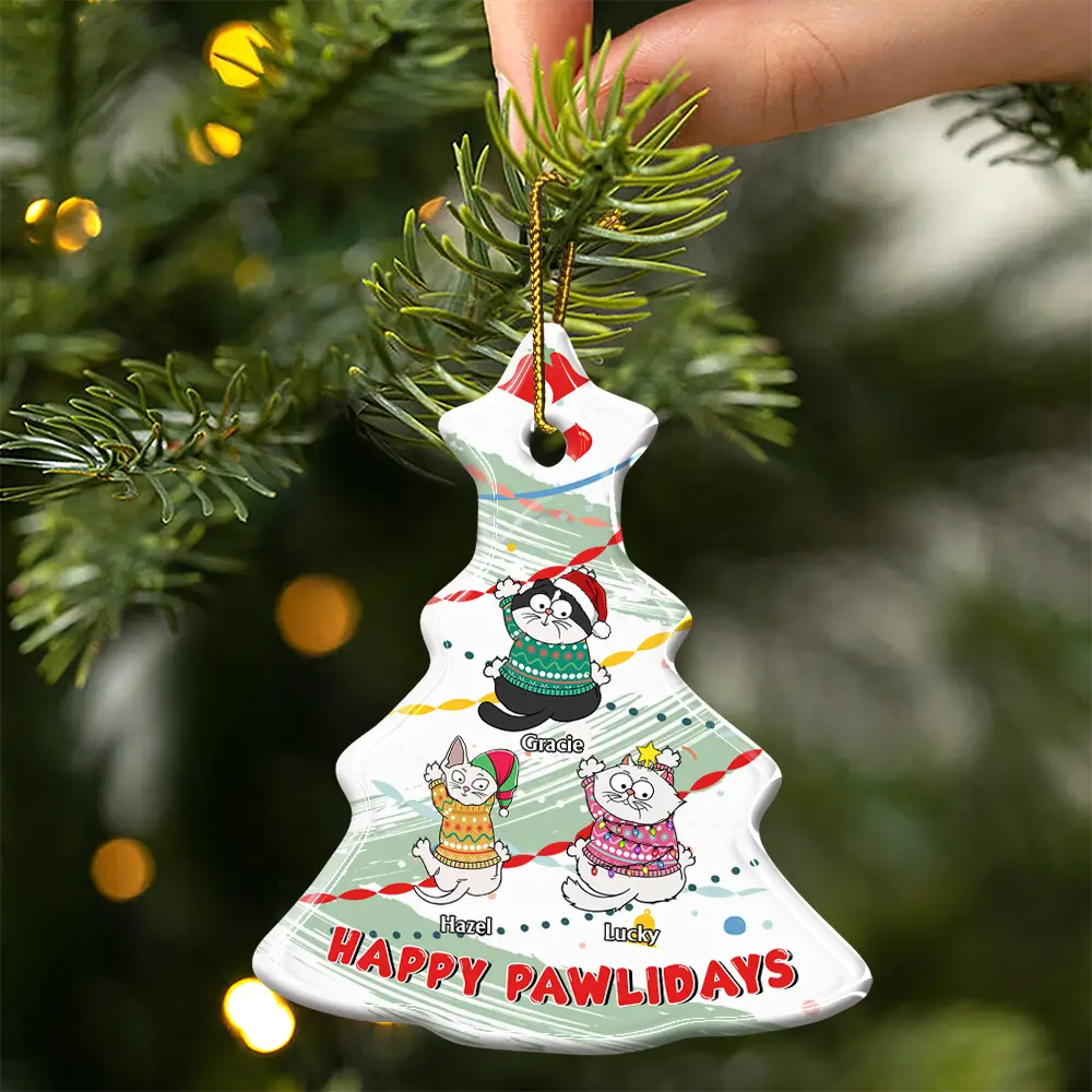 Cat Climbing Christmas Tree - Personalized Tree Ceramic Ornament - Image 3