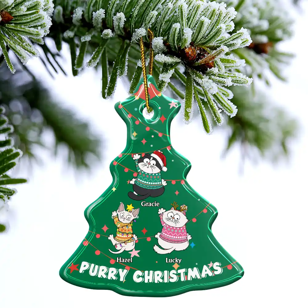 Cat Climbing Christmas Tree - Personalized Tree Ceramic Ornament - Image 4