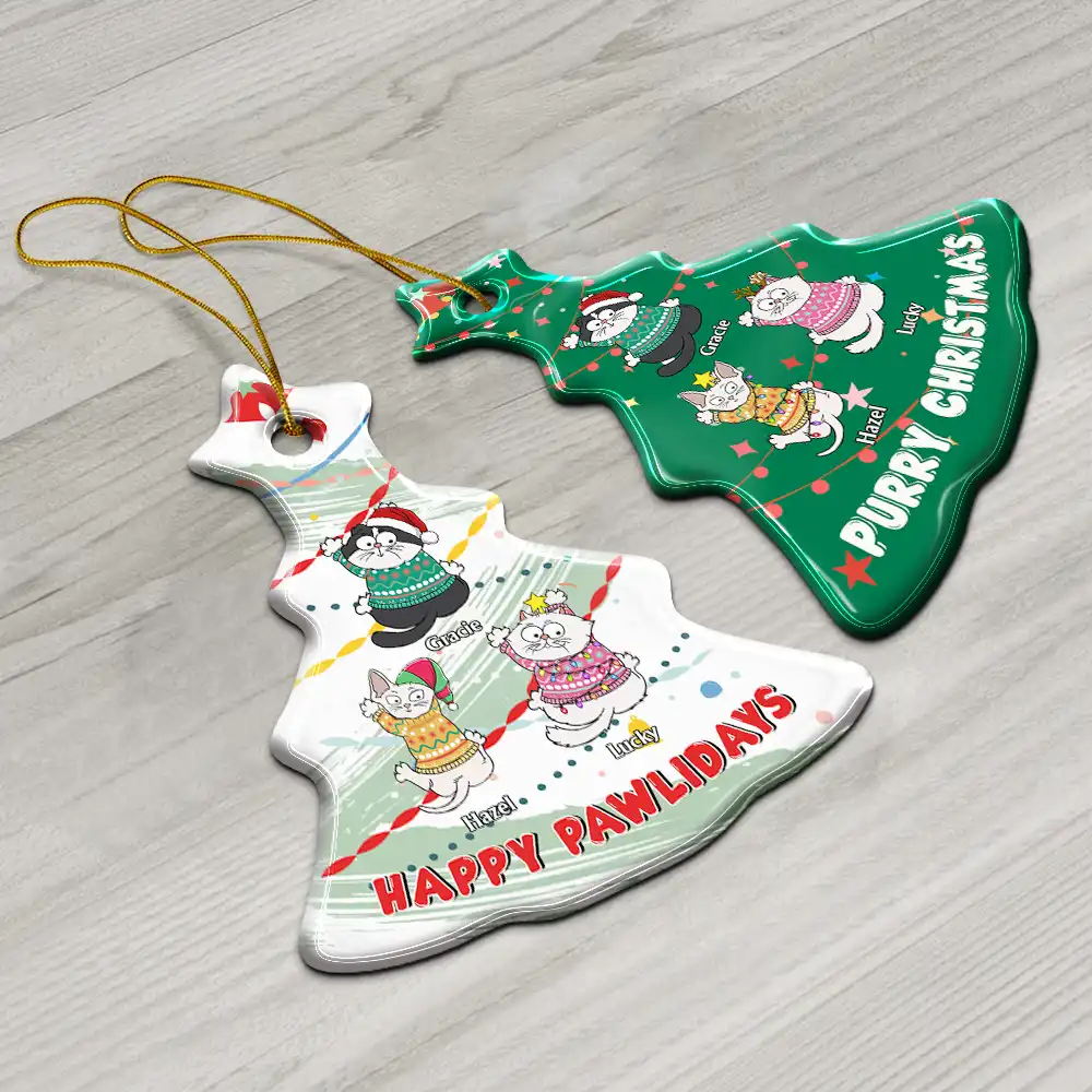 Cat Climbing Christmas Tree - Personalized Tree Ceramic Ornament - Image 6