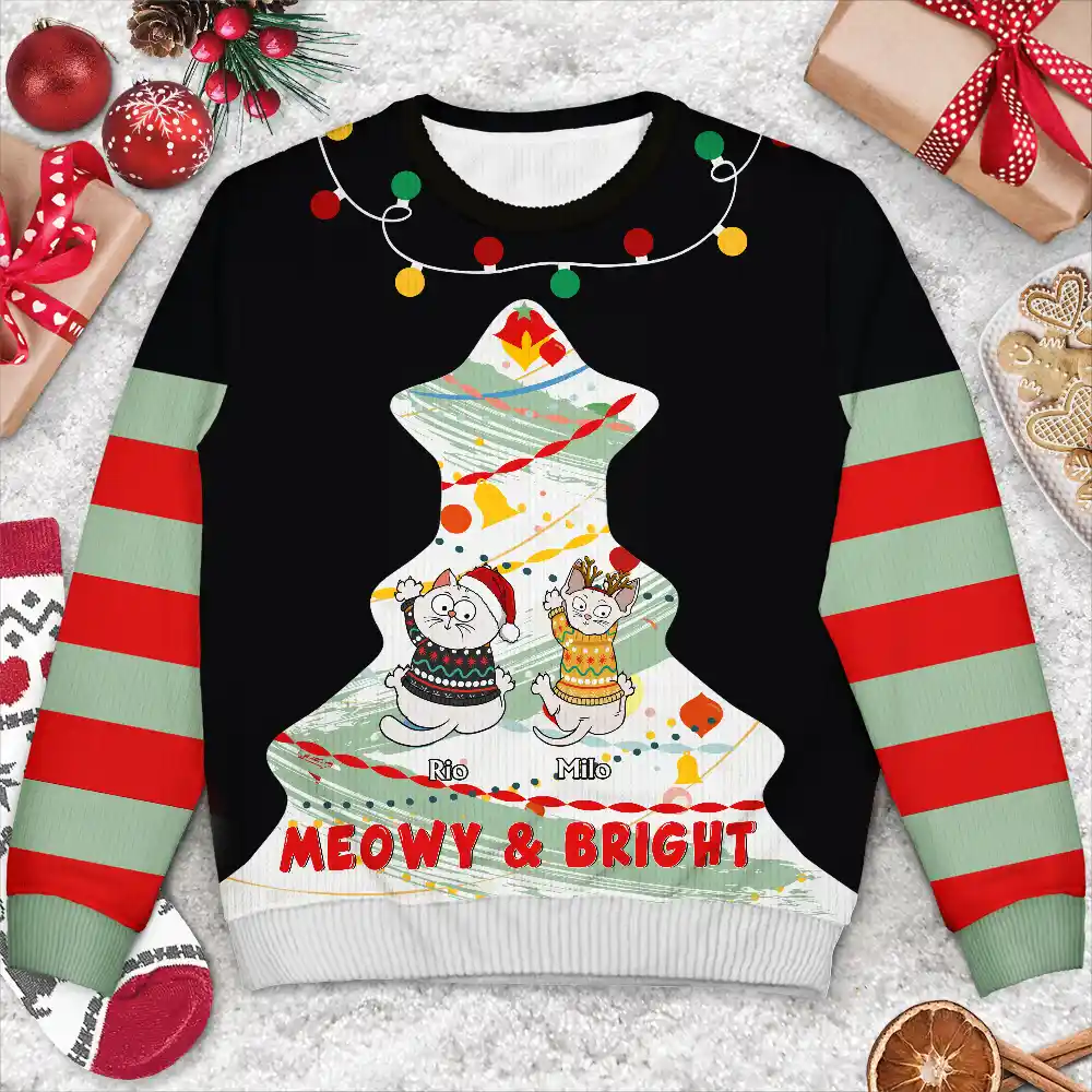 Cat Climbing Christmas Tree - Personalized Unisex Ugly Sweater - Image 3