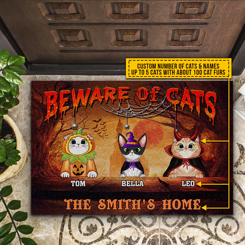 Cat Cosplay Beware Of Cats Custom Doormat, Pumpkin, Devil & Witch Cat Costumes, Personalized Halloween Decor - Image 2
