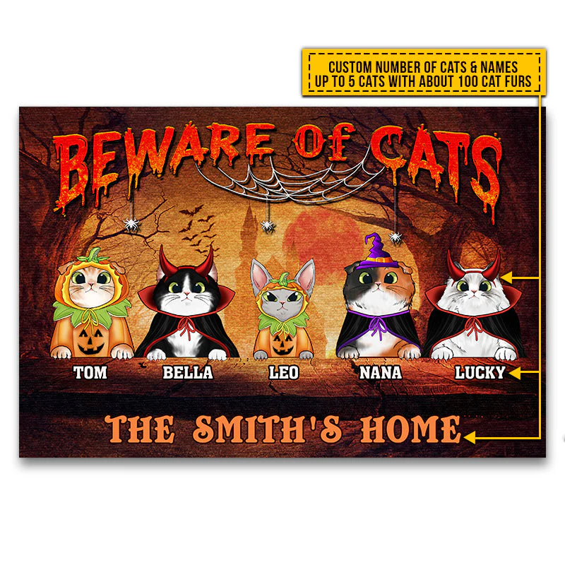Cat Cosplay Beware Of Cats Custom Doormat, Pumpkin, Devil & Witch Cat Costumes, Personalized Halloween Decor - Image 4