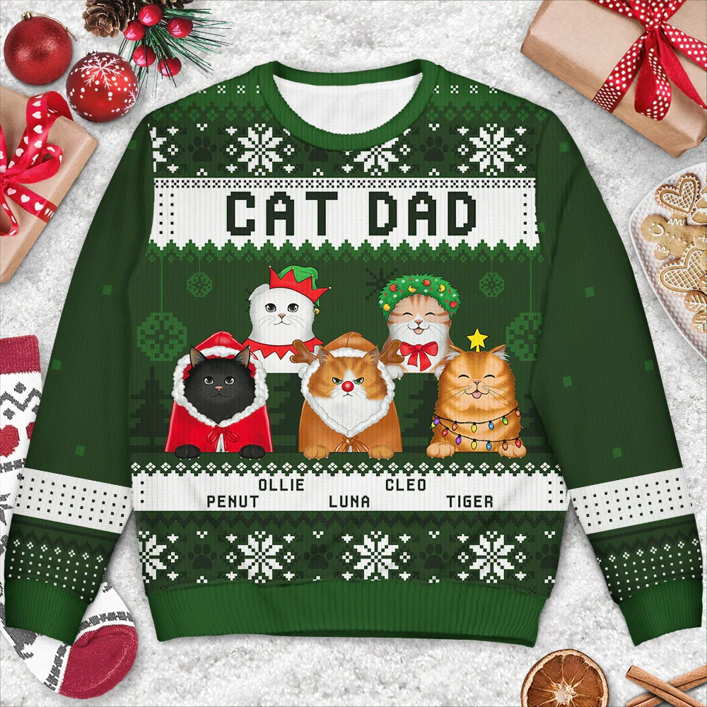 Cat Dad Cat Mom Christmas - Personalized Unisex Ugly Sweater - Image 3