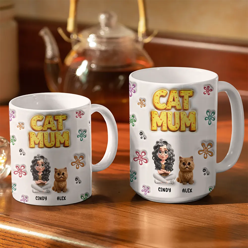 Cat Dog Mom Sponge 3D Inflated Effect Printed - Personalized White Edge-to-Edge Mug - Image 3