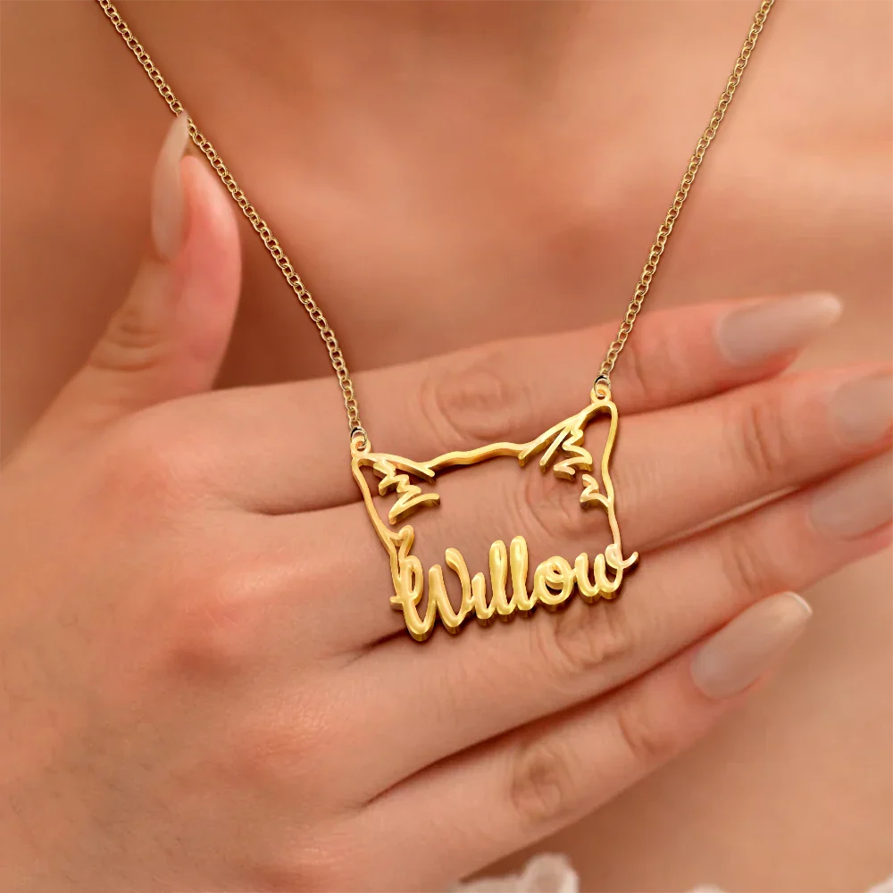 Cat Ears Line Art With Custom Name - Personalized Letter Necklace - Image 3