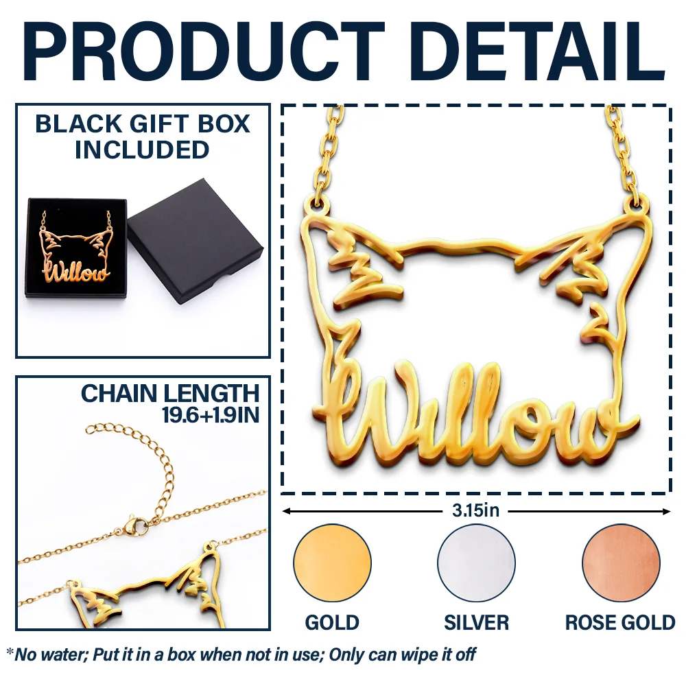 Cat Ears Line Art With Custom Name - Personalized Letter Necklace - Image 5