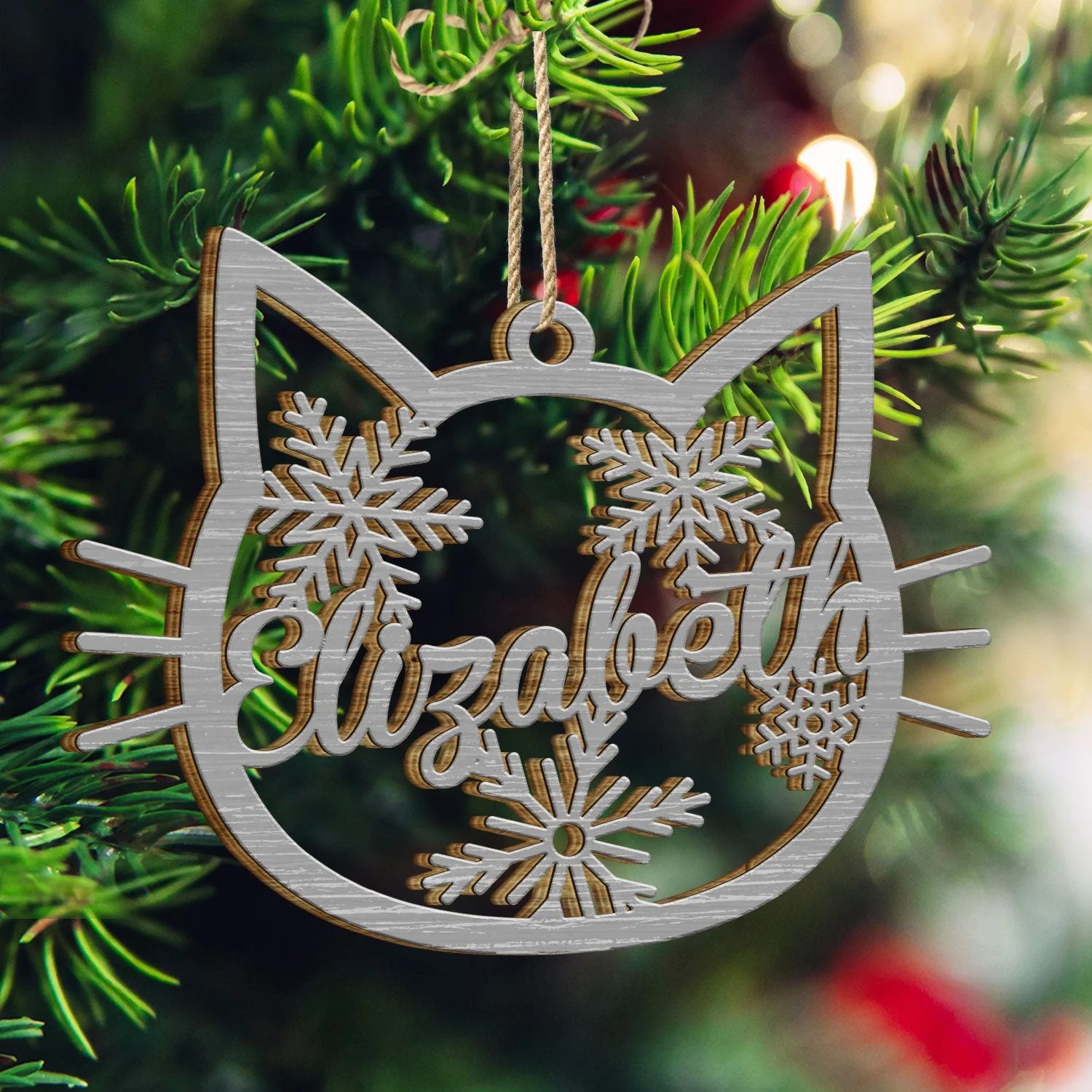 Cat Face Custom Name - Christmas Gift For Cat Lovers - Personalized Wooden Cutout Ornament - Image 3