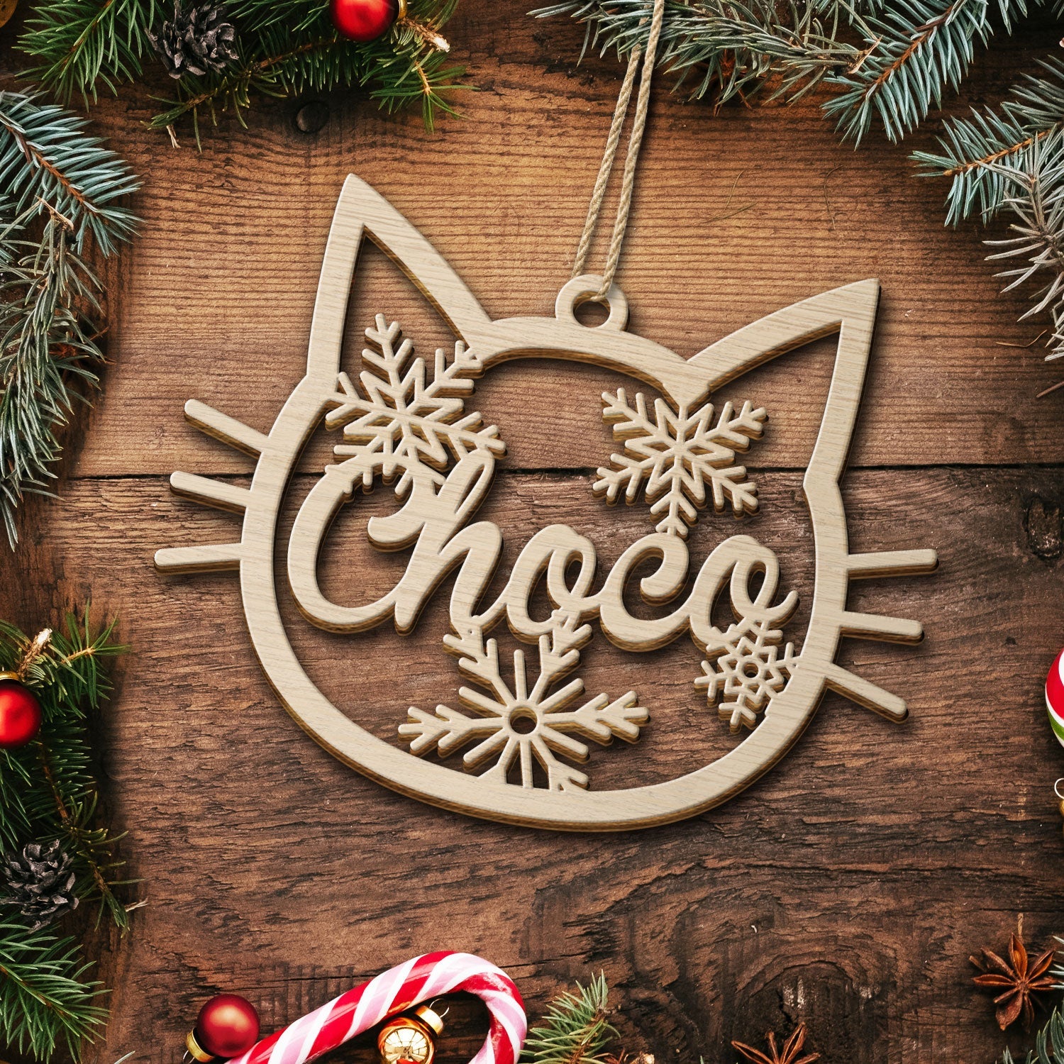 Cat Face Custom Name - Christmas Gift For Cat Lovers - Personalized Wooden Cutout Ornament - Image 5
