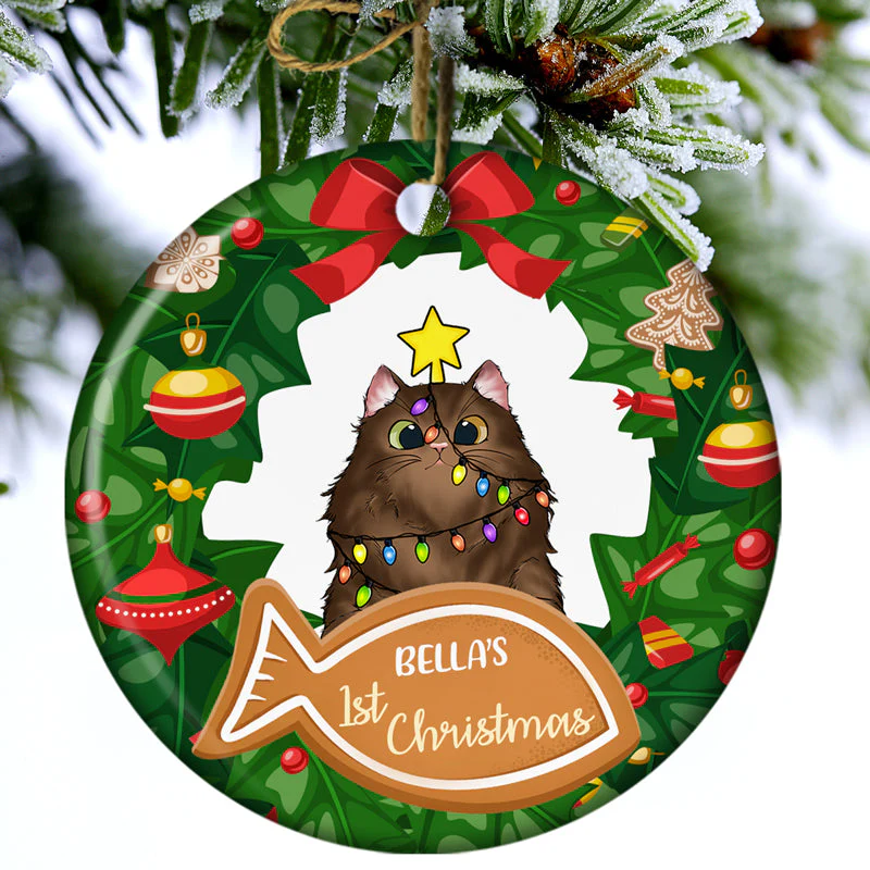 Cat First Christmas - Cat Lovers Christmas Gift - Personalized Custom Circle Ceramic Ornament - Image 2