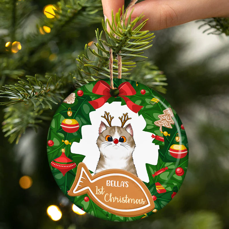 Cat First Christmas - Cat Lovers Christmas Gift - Personalized Custom Circle Ceramic Ornament - Image 3