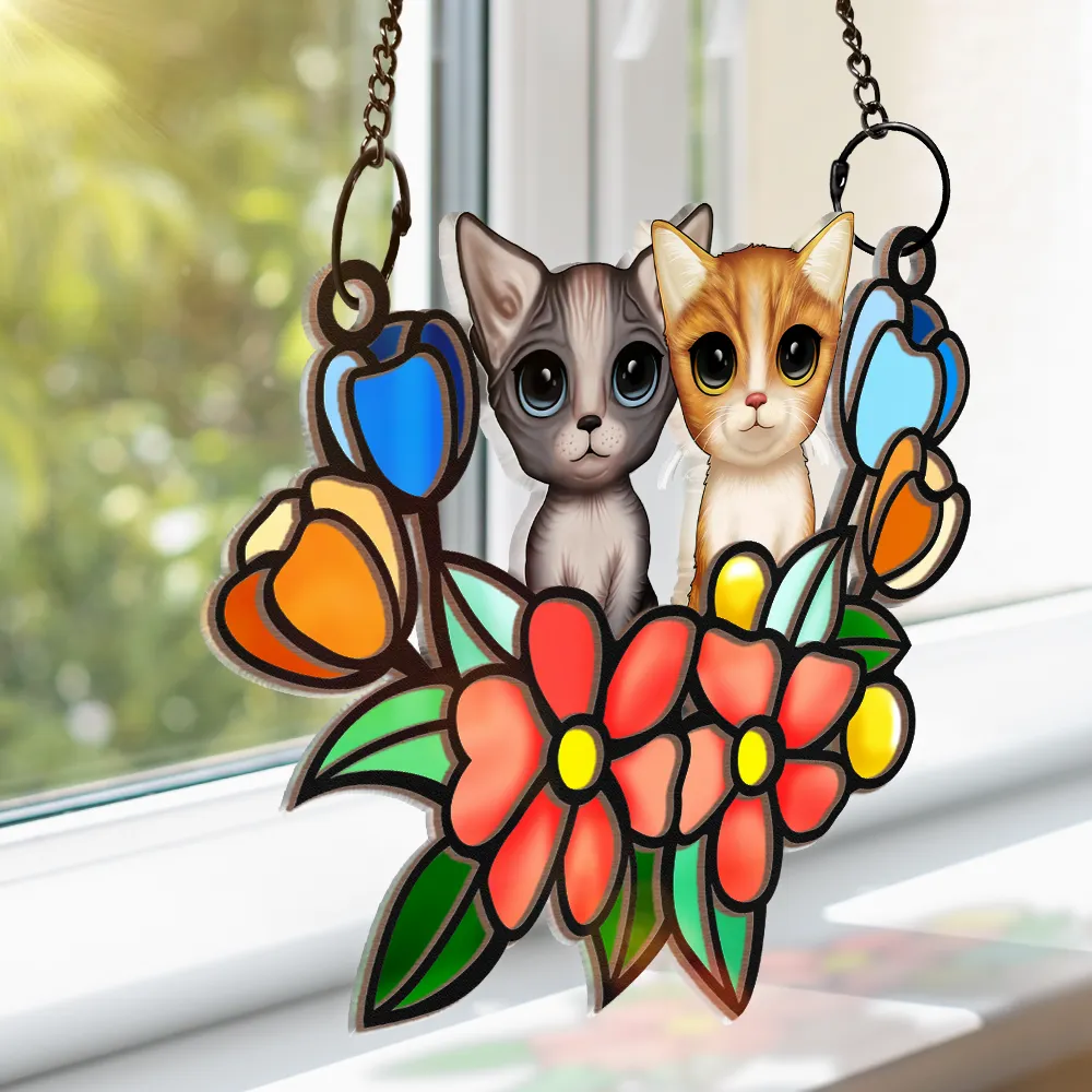 Cat In Tulip Flowers Stained Glass - Personalized Window Hanging Suncatcher Ornament - Image 3