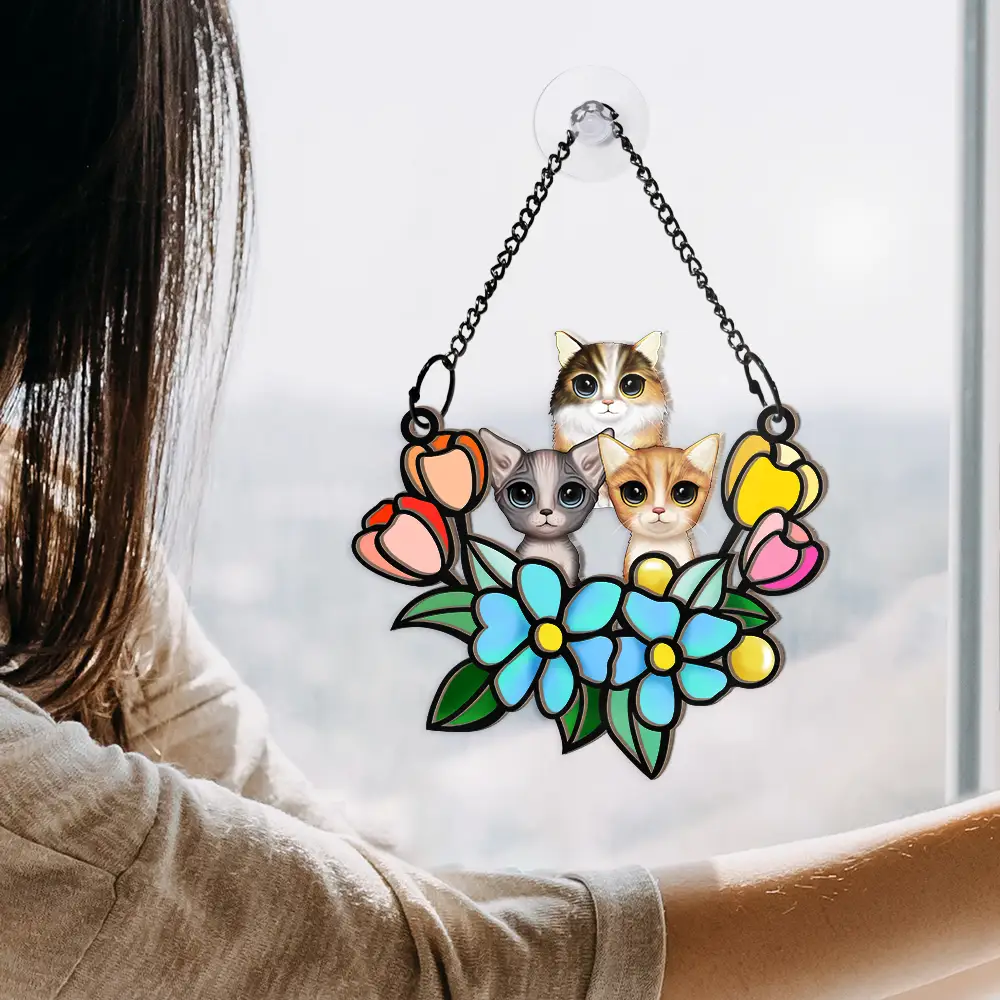 Cat In Tulip Flowers Stained Glass - Personalized Window Hanging Suncatcher Ornament - Image 4