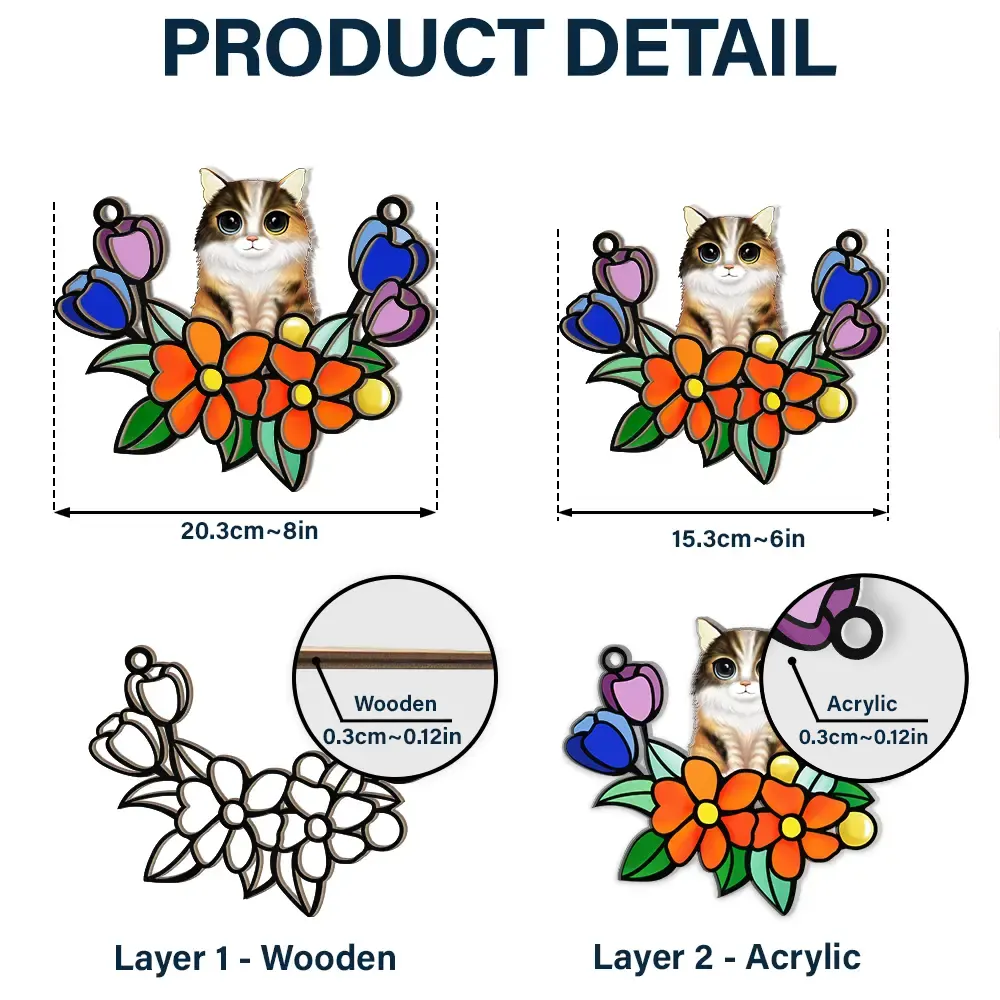 Cat In Tulip Flowers Stained Glass - Personalized Window Hanging Suncatcher Ornament - Image 5