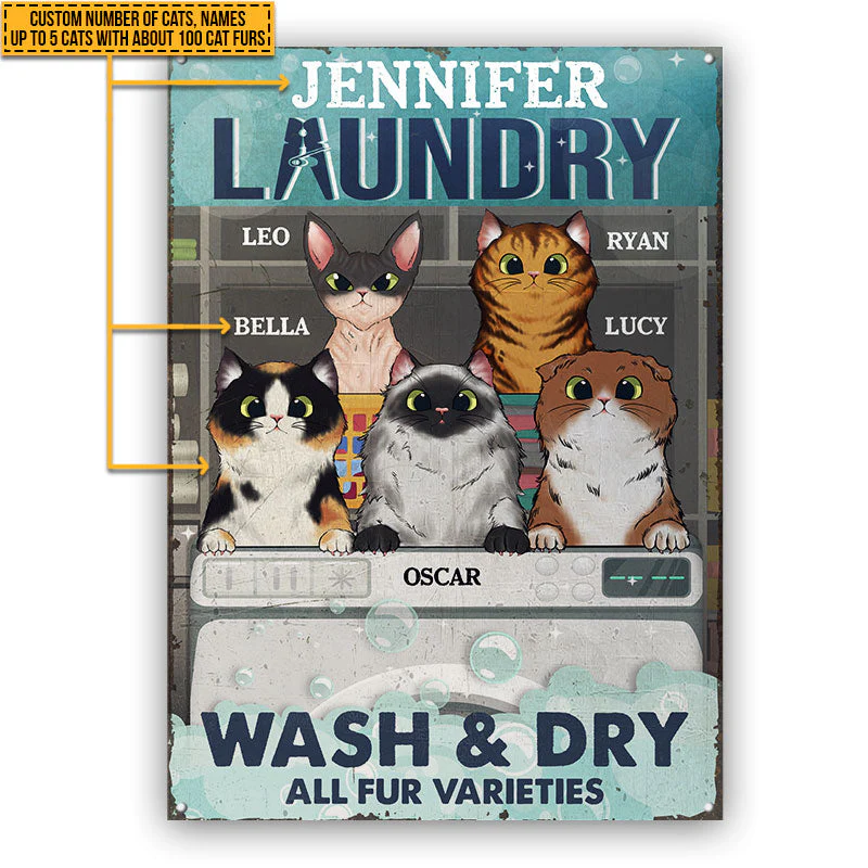 Cat Laundry Wash & Dry Custom Classic Metal Signs, Personalized Funny Cat Sign, Gift For Cat Lovers - Image 5