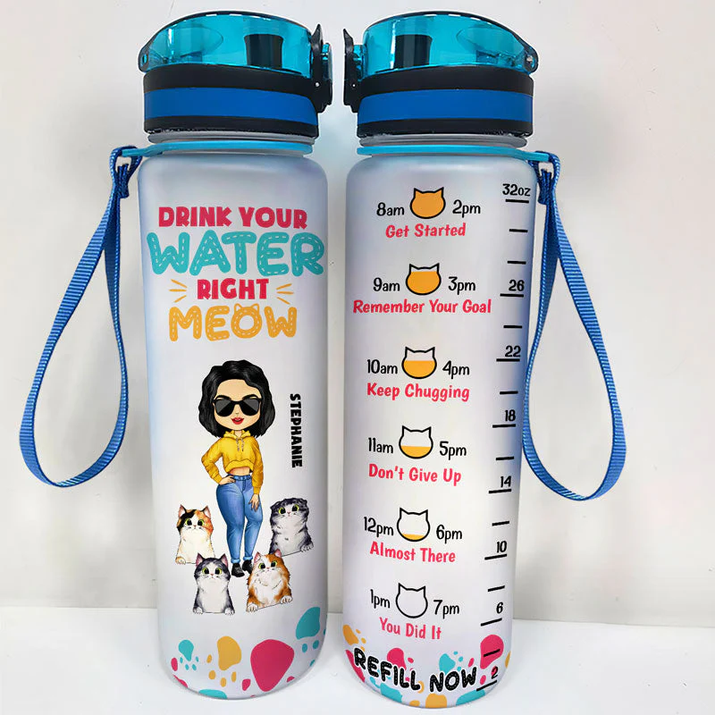 Cat Lovers Drink Your Water Right Meow - Personalized Custom Water Tracker Bottle - Image 2