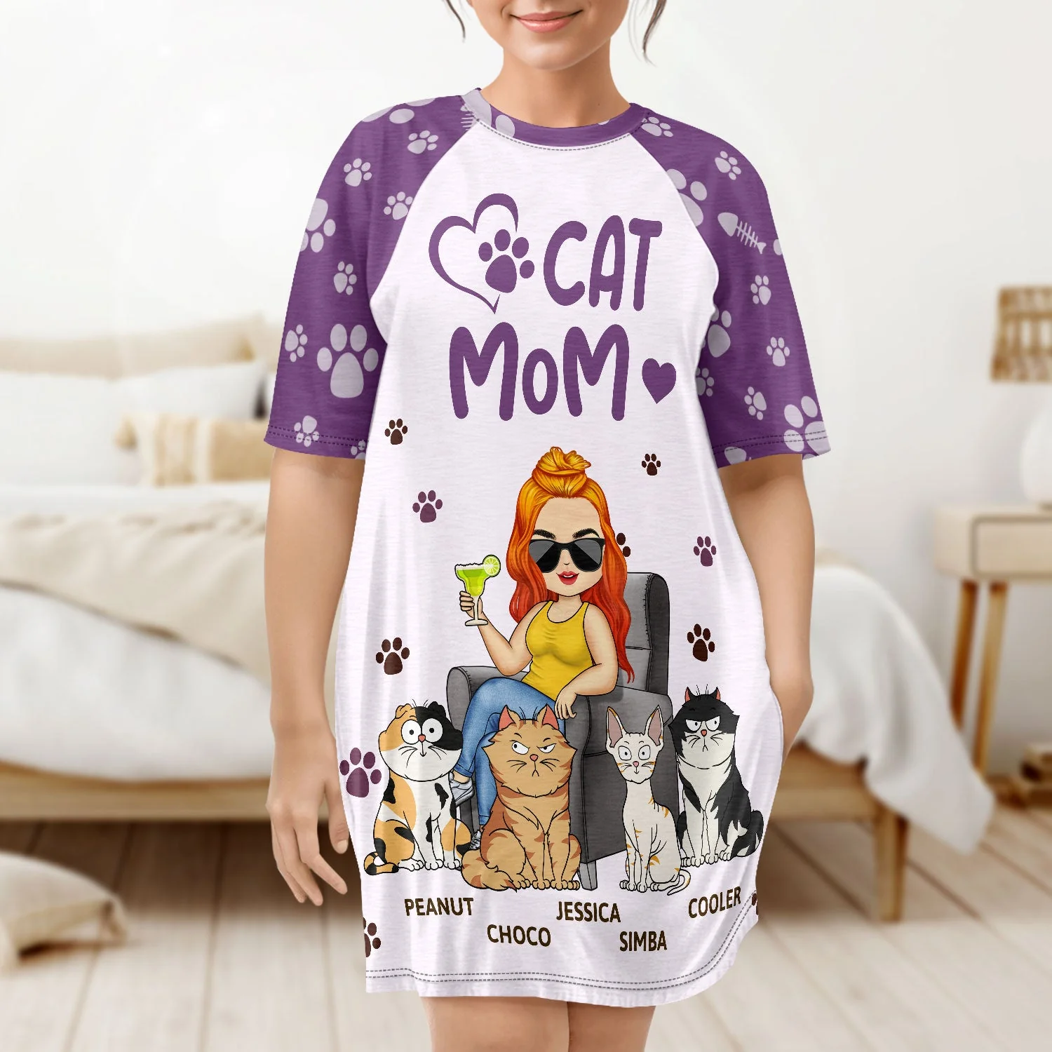 Cat Mom - Birthday, Loving Gift For Cat Lovers - Personalized Women's Sleep Tee - Image 4