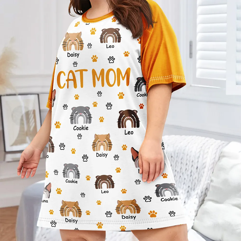 Cat Mom Boho Rainbow Style Cat Face - Personalized Women's Sleep Tee - Image 2