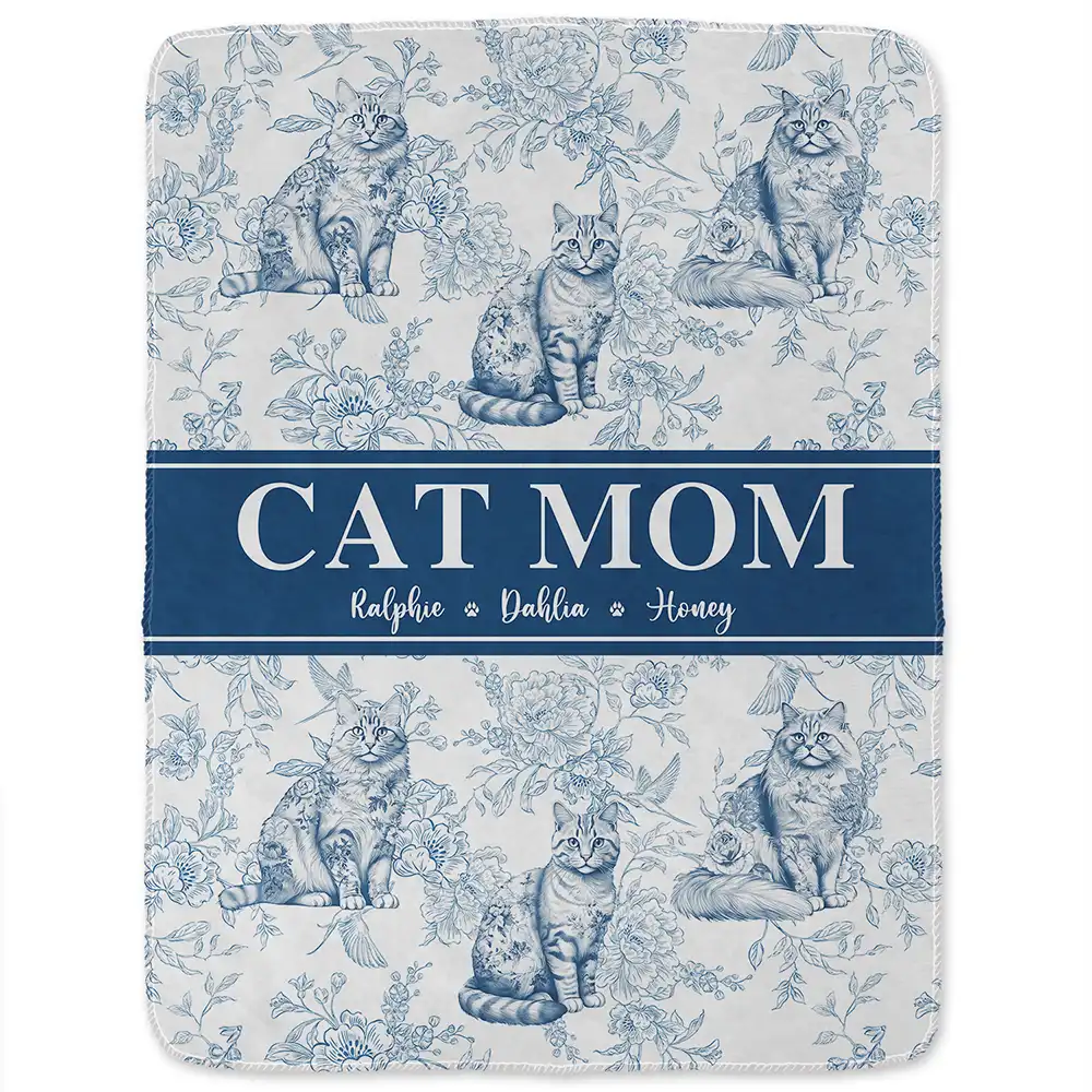Cat Mom Chinoiserie Toile Cat - Personalized Fleece Blanket, Sherpa Blanket - Image 2