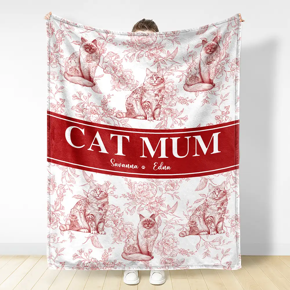 Cat Mom Chinoiserie Toile Cat - Personalized Fleece Blanket, Sherpa Blanket - Image 3