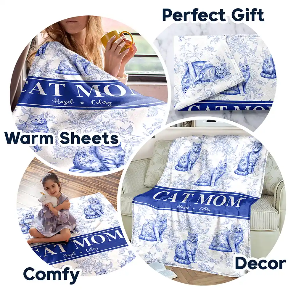 Cat Mom Chinoiserie Toile Cat - Personalized Fleece Blanket, Sherpa Blanket - Image 7