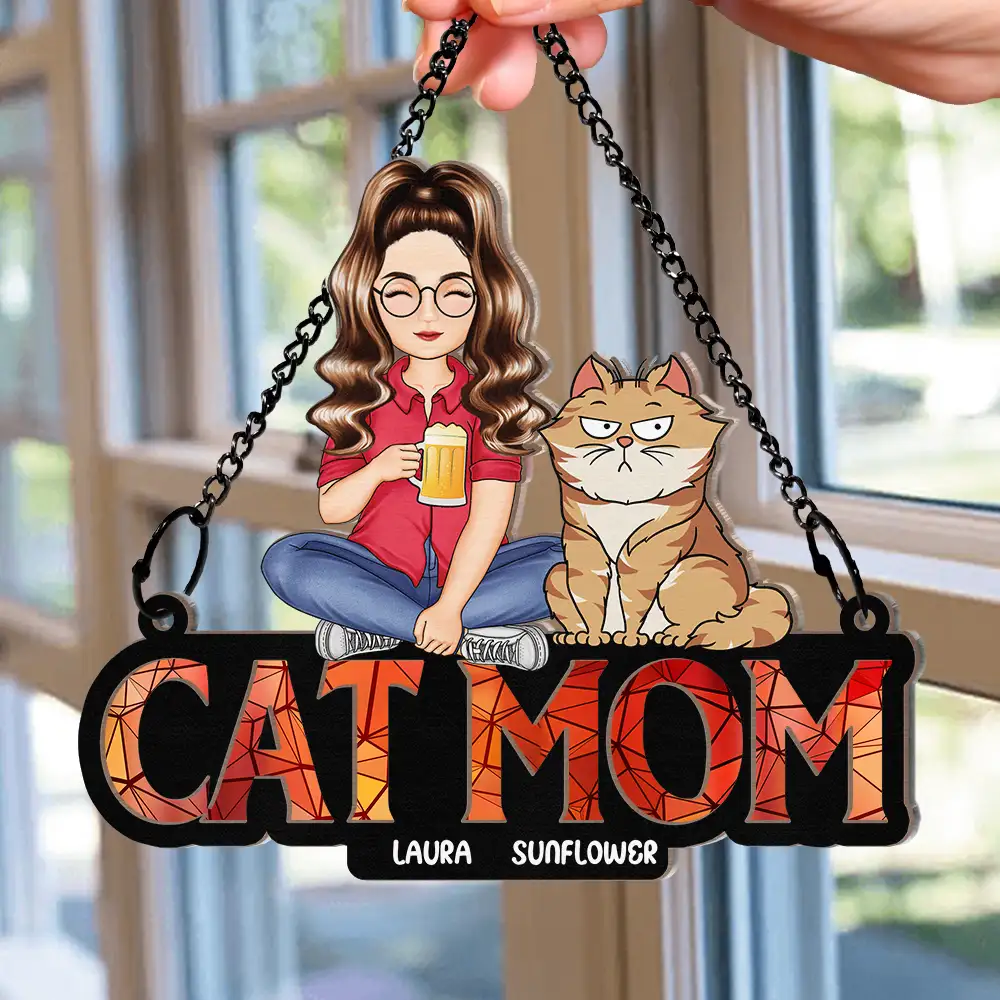 Cat Mom Funny Cartoon Cats - Personalized Window Hanging Suncatcher Ornament - Image 2