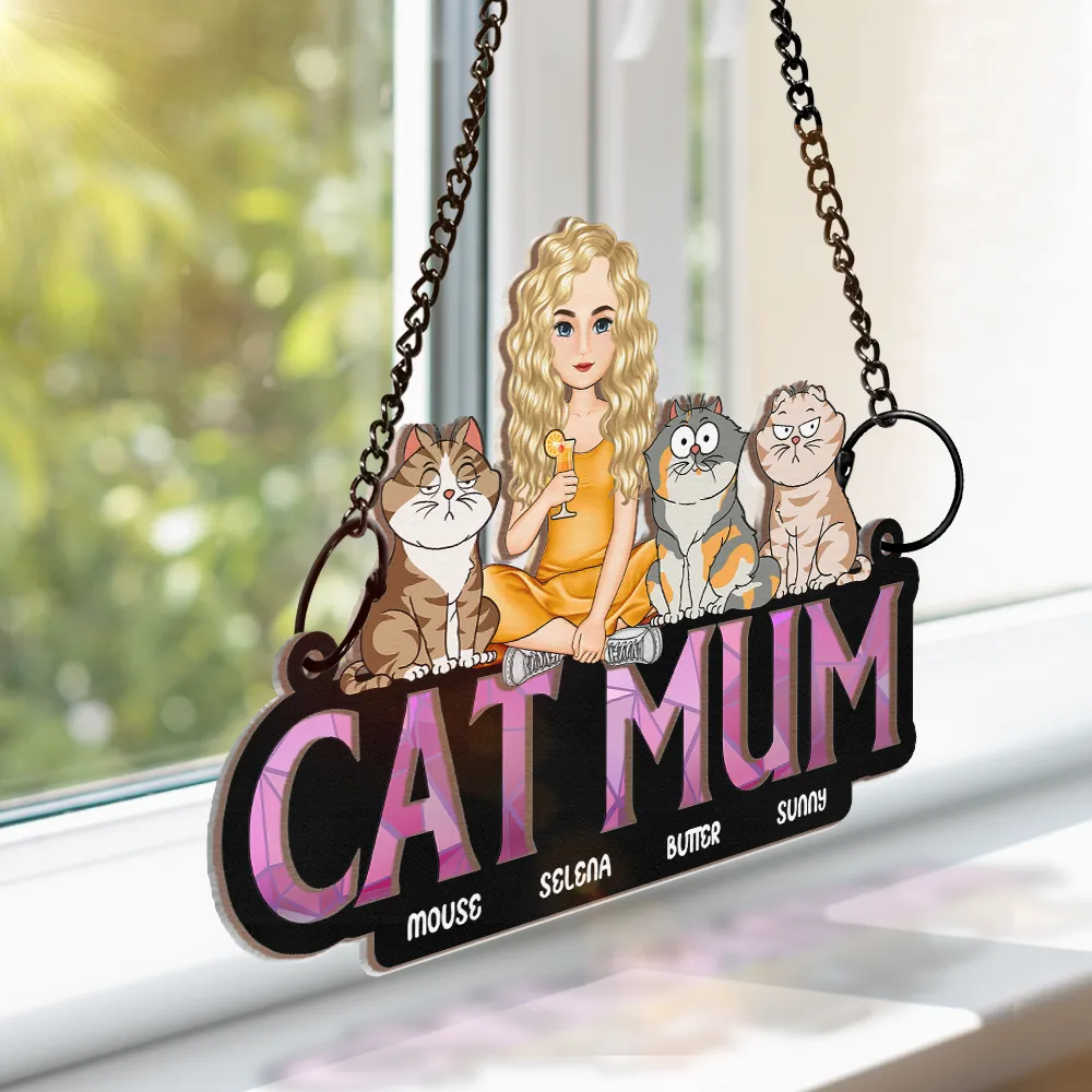 Cat Mom Funny Cartoon Cats - Personalized Window Hanging Suncatcher Ornament - Image 3