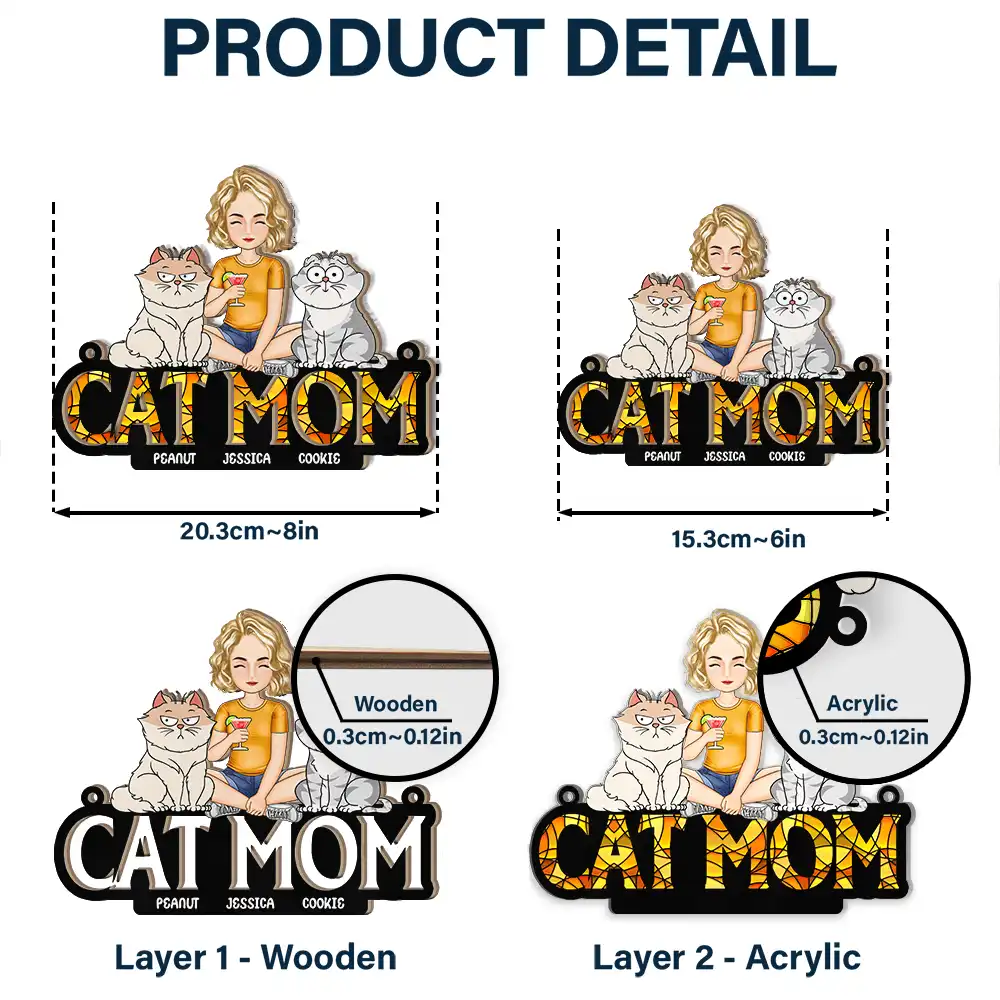 Cat Mom Funny Cartoon Cats - Personalized Window Hanging Suncatcher Ornament - Image 5
