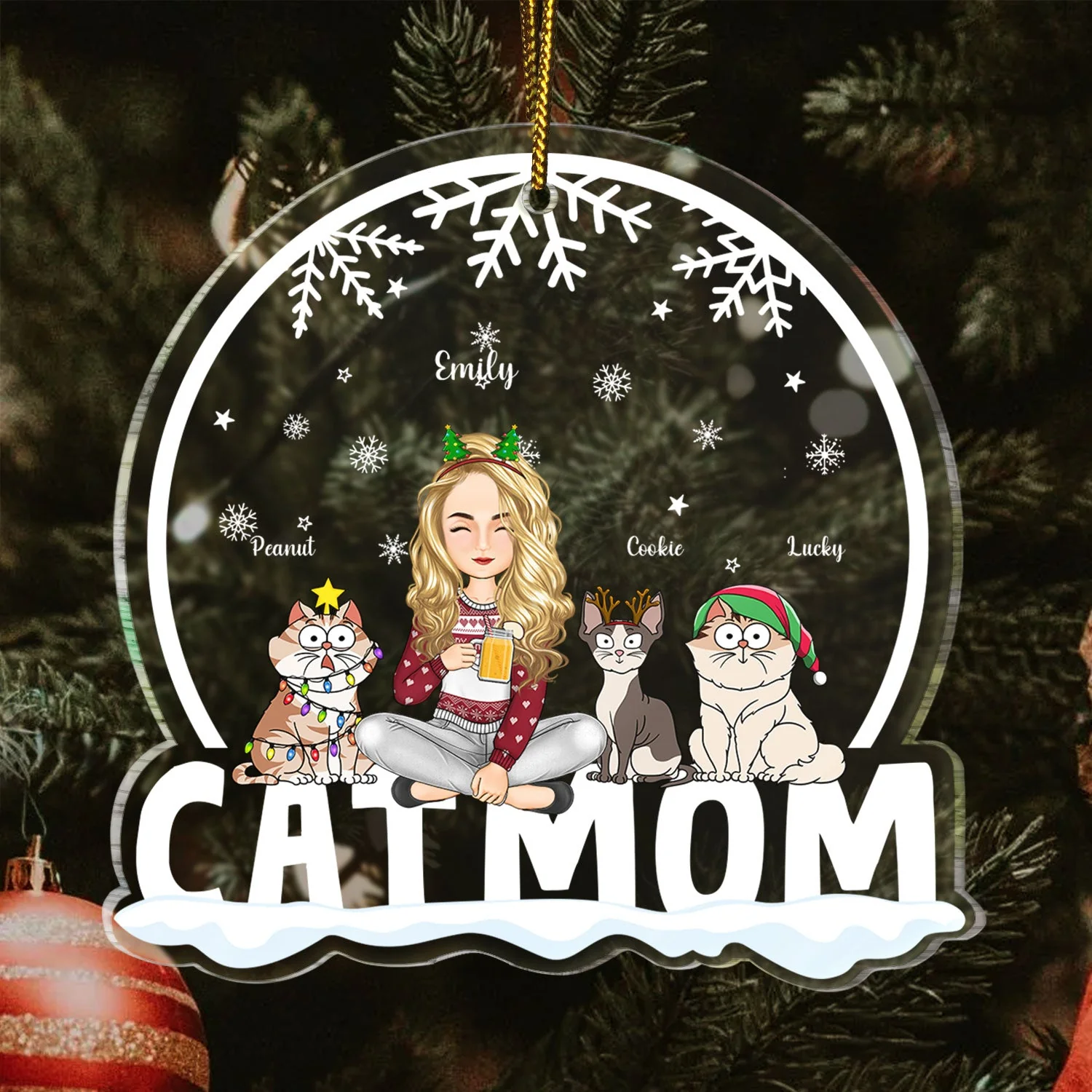 Cat Mom Funny Cartoon Cats Snowdome - Christmas Gift For Cat Lovers - Personalized Custom Shaped Acrylic Ornament - Image 3