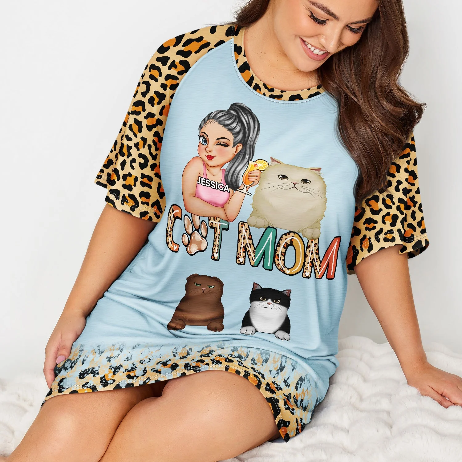 Cat Mom - Funny Gift For Cat Lovers, Pet Lovers - Personalized Women's Sleep Tee - Image 4