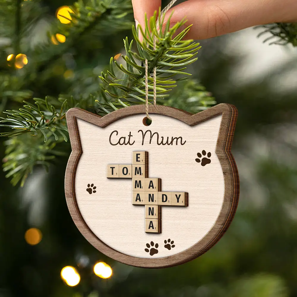 Cat Mom Mum Dad Crossword Scrabble - Personalized 2-Layered Wooden Ornament - Image 3