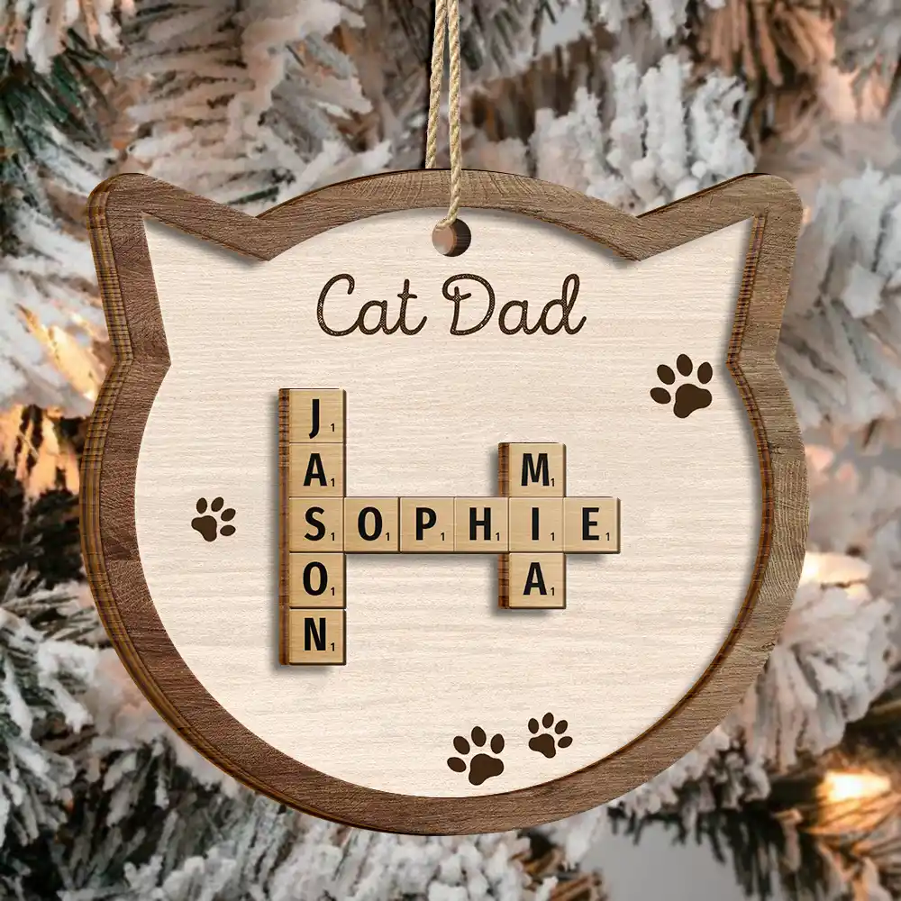 Cat Mom Mum Dad Crossword Scrabble - Personalized 2-Layered Wooden Ornament - Image 4