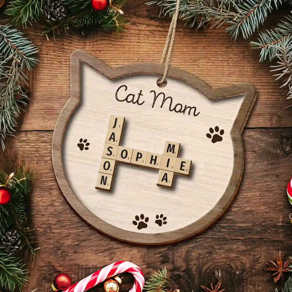 Cat Mom Mum Dad Crossword Scrabble - Personalized 2-Layered Wooden Ornament - Image 6