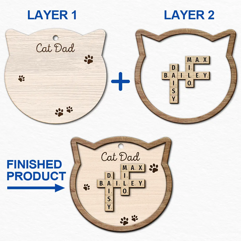 Cat Mom Mum Dad Crossword Scrabble - Personalized 2-Layered Wooden Ornament - Image 7