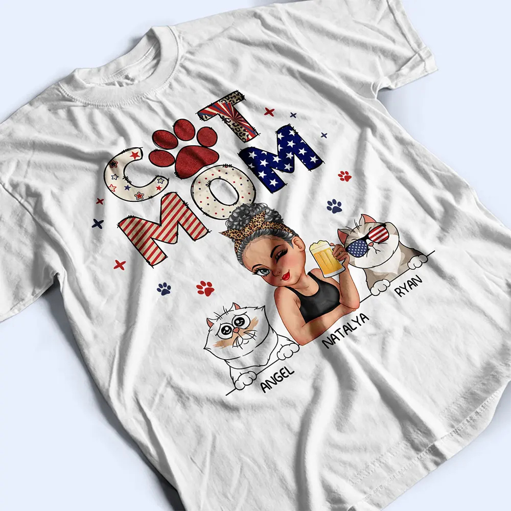 Cat Mom Stars And Stripes - Personalized T Shirt - Image 3