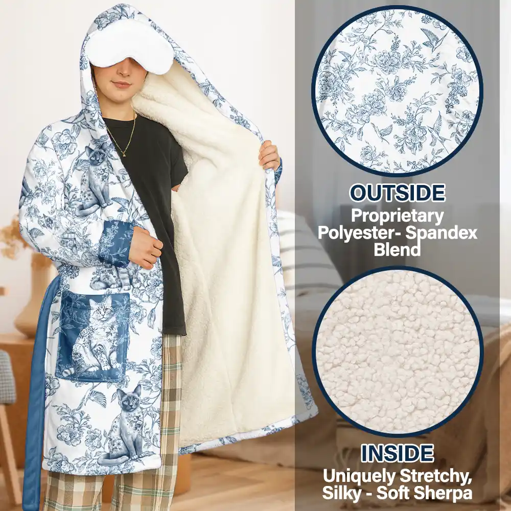 Cat Mom Toile De Jouy Cats - Personalized Hooded Robe - Image 2