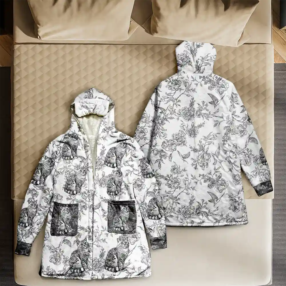 Cat Mom Toile De Jouy Cats - Personalized Hooded Robe - Image 4