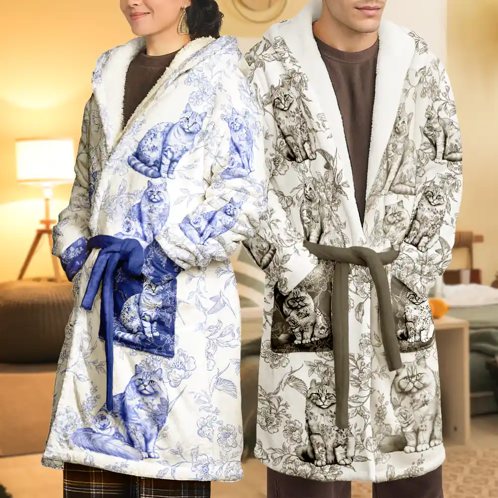 Cat Mom Toile De Jouy Cats - Personalized Hooded Robe - Image 5