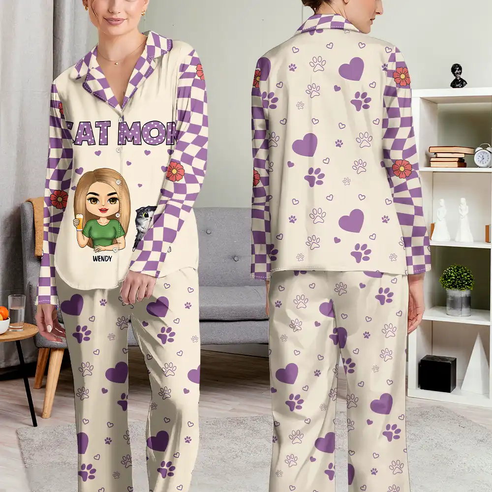 Cat Mom Vintage - Personalized Long Pajamas Set - Image 4