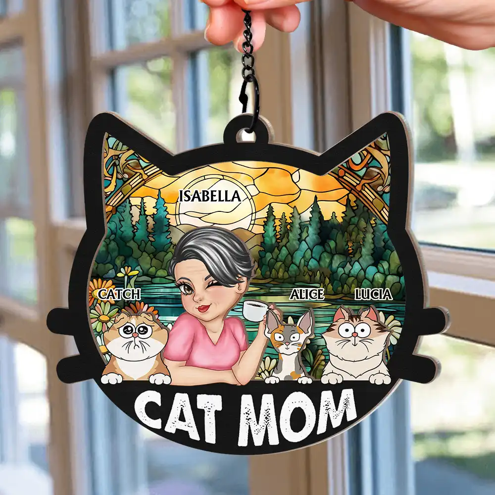 Cat Mom With Funny Cats - Personalized Window Hanging Suncatcher Ornament - Image 2
