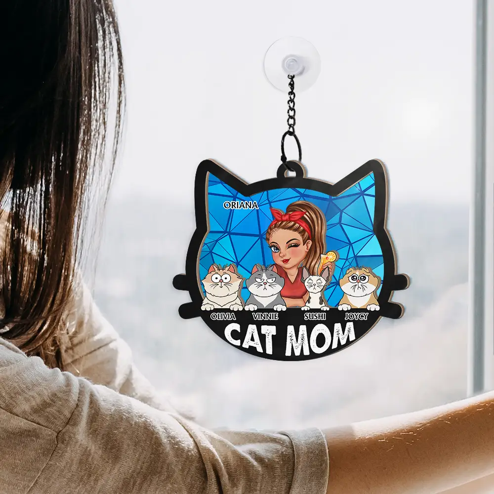 Cat Mom With Funny Cats - Personalized Window Hanging Suncatcher Ornament - Image 4