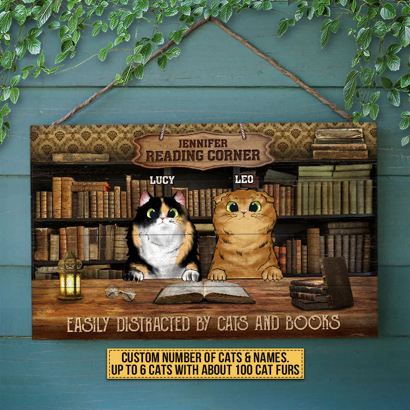 Cat Reading Corner Easily Distracted By Cats And Books Custom Wood Rectangle Sign, Personalized Funny Cat Wood Sign, Gift For Cat Lovers, Reading Lovers - Image 2