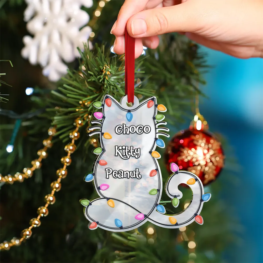 Cat Shape Christmas Light Custom Name - Personalized Custom Shaped Mirror Ornament - Image 4