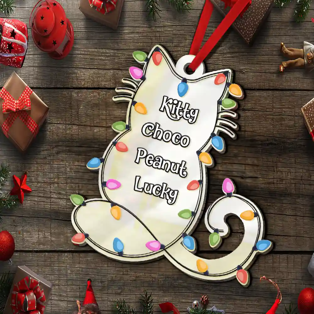 Cat Shape Christmas Light Custom Name - Personalized Custom Shaped Mirror Ornament - Image 5