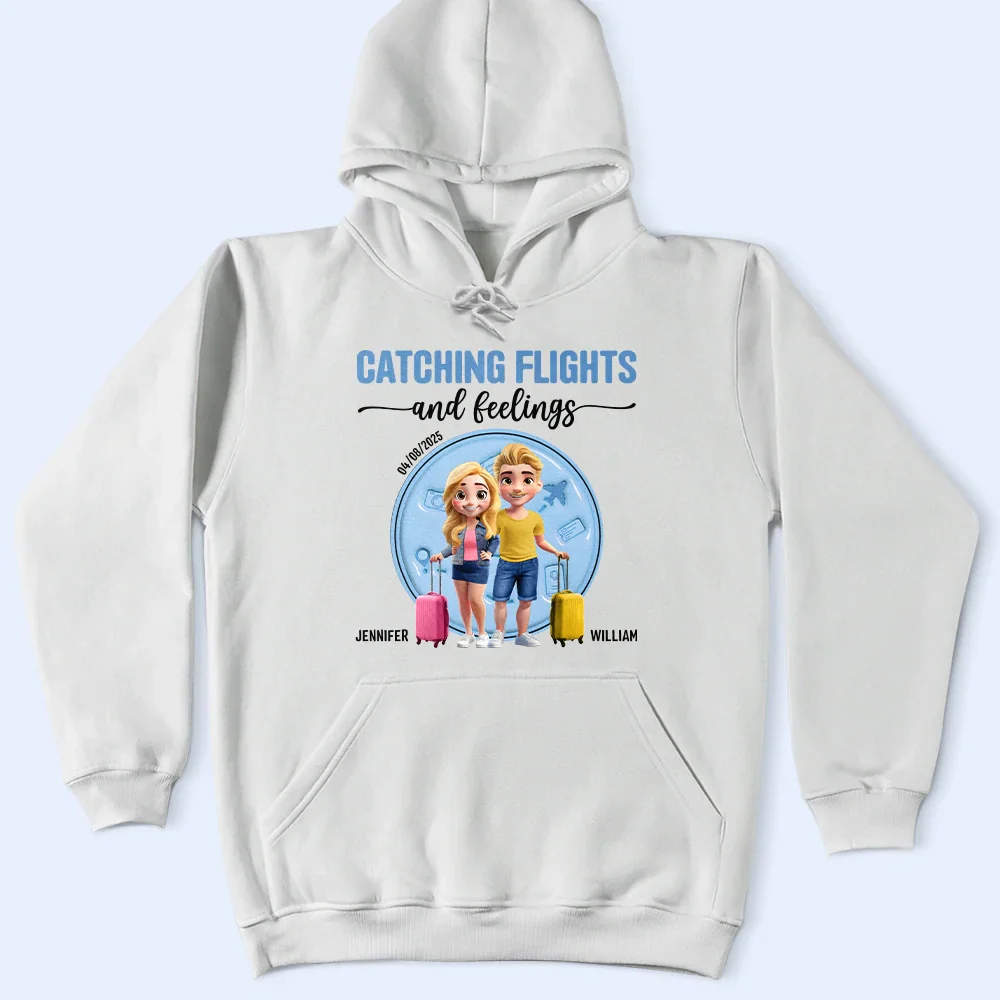 Catching Flights And Feelings Travel Couple 3D Effect - Personalized T Shirt - Image 4