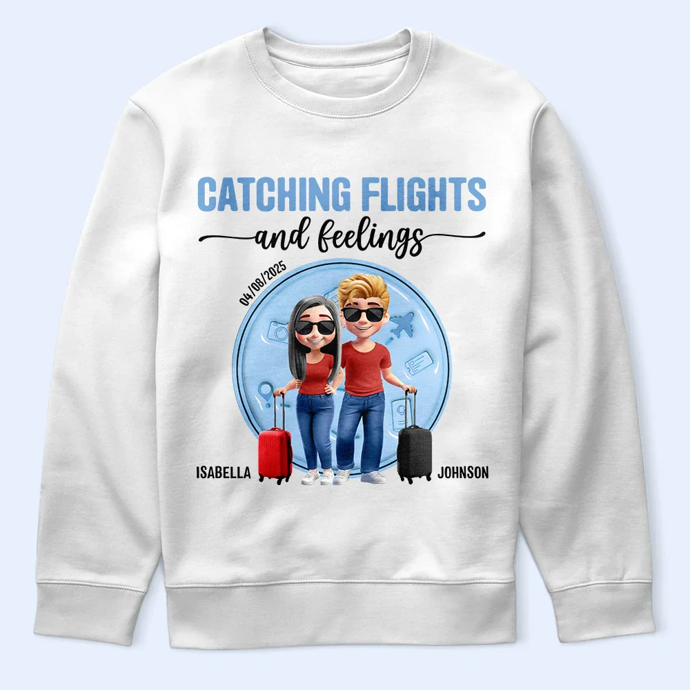 Catching Flights And Feelings Travel Couple 3D Effect - Personalized T Shirt - Image 5