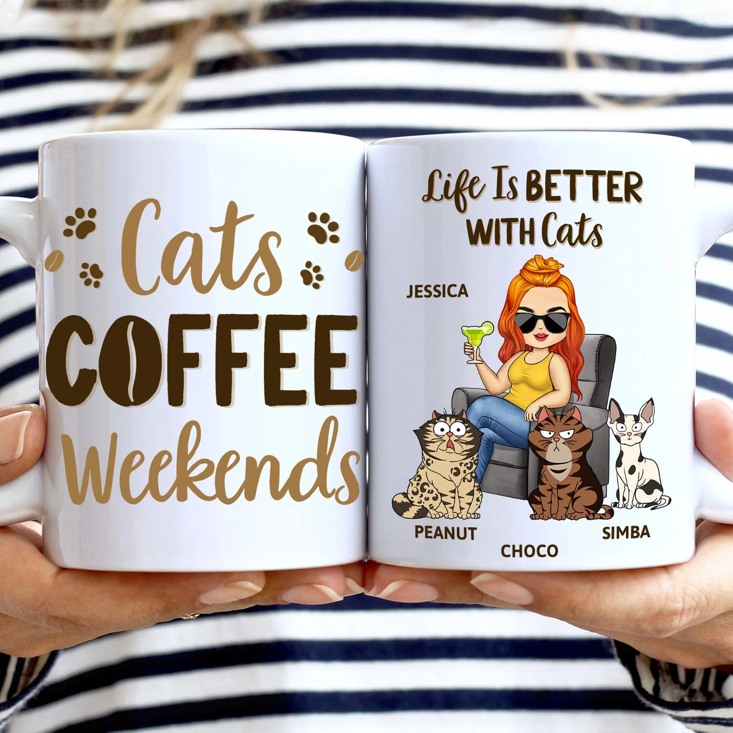 Cats Coffee Weekends - Gift For Cat Lovers, Cat Moms - Personalized White Edge-to-Edge Mug - Image 2