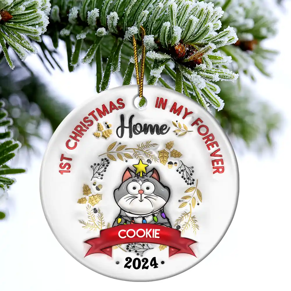 Cat's First Christmas - 3D Inflated Effect Printed Ornament, Personalized Circle Ceramic Ornament - Image 4
