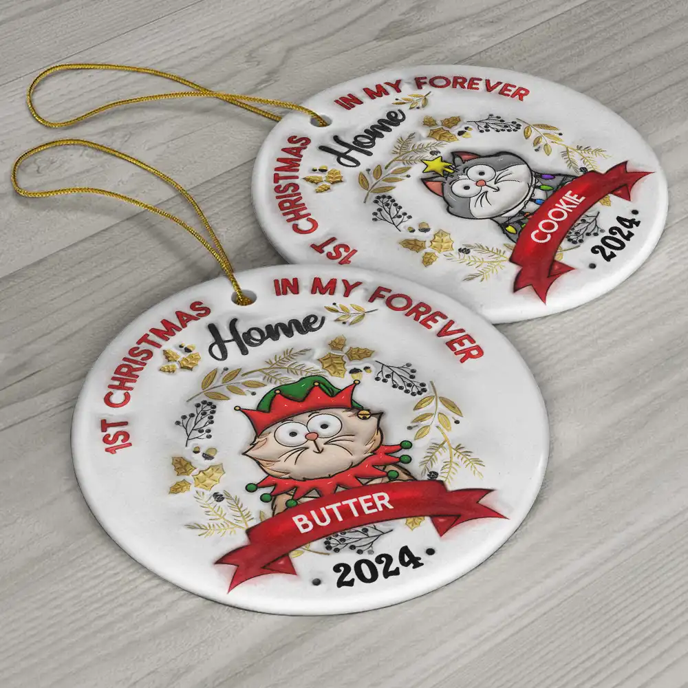 Cat's First Christmas - 3D Inflated Effect Printed Ornament, Personalized Circle Ceramic Ornament - Image 6
